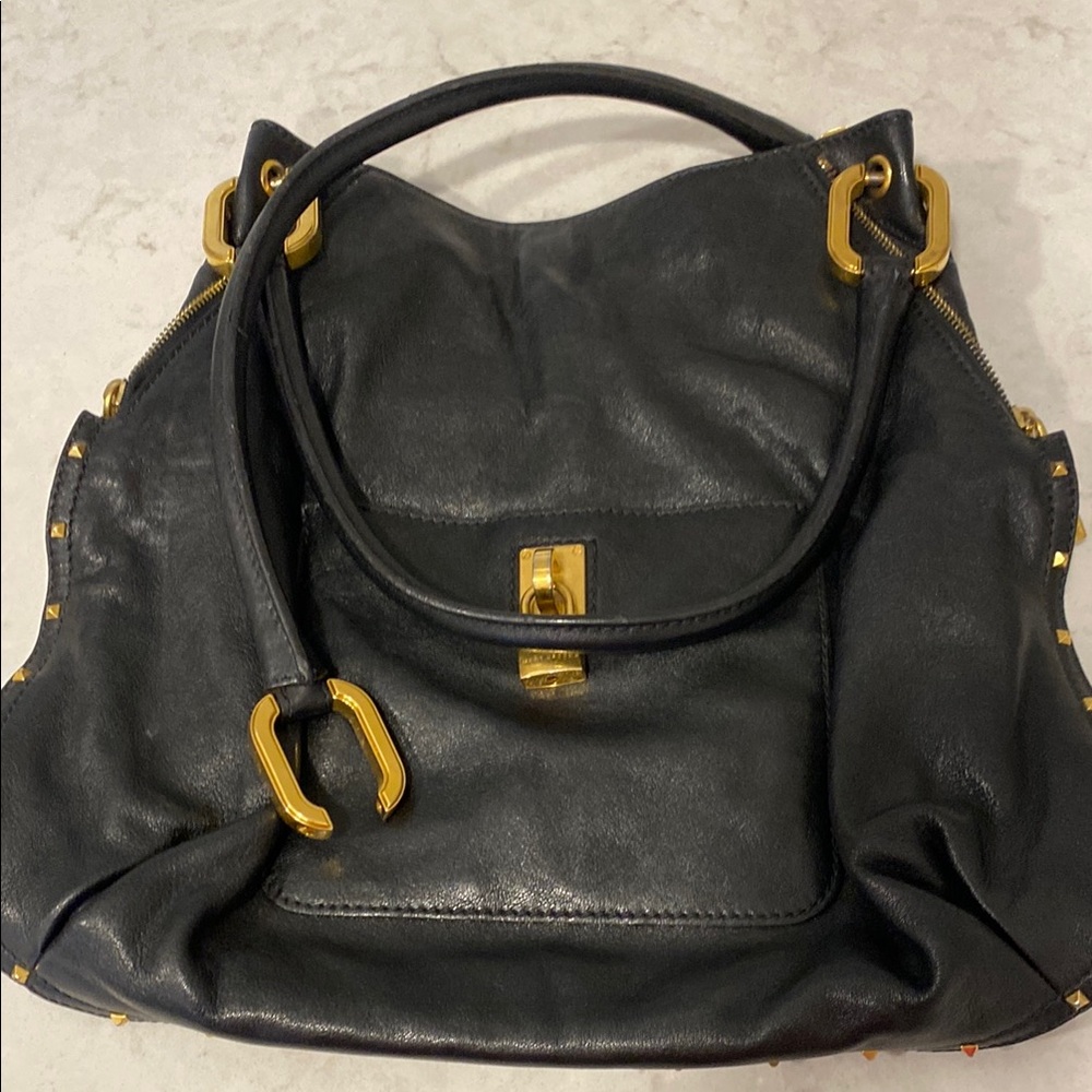 Black Leather Handbag with Gold Accents